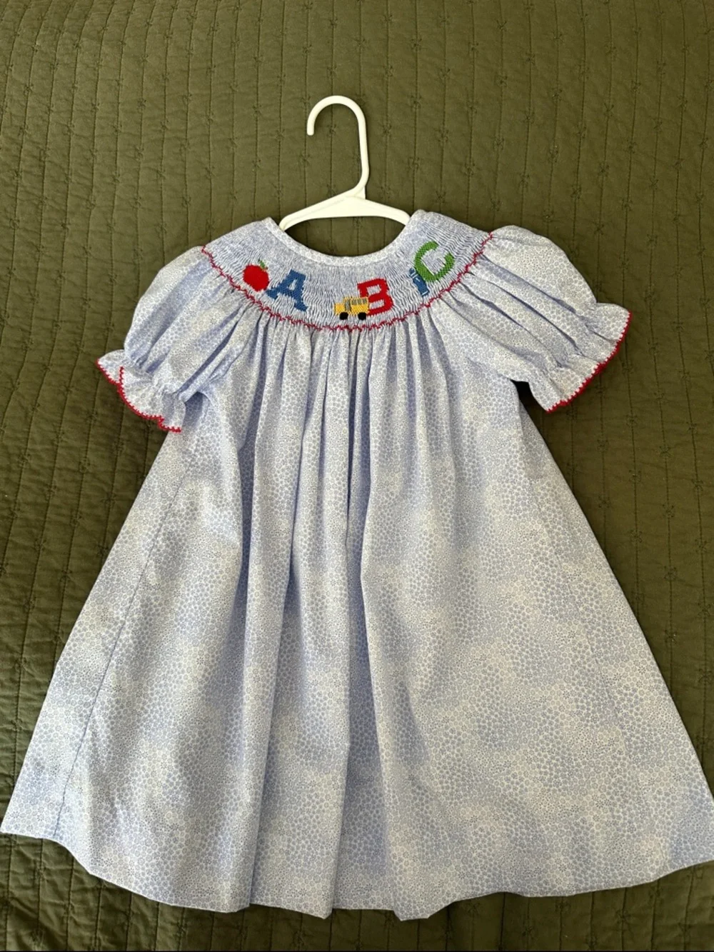 Light Blue Smocked ABC Puff-Sleeve Girls' Dress
